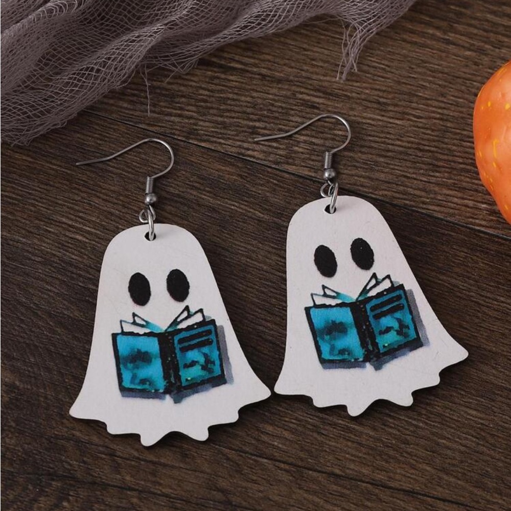 🛍️2/$20 👻 Bookworm Spooky Ghost Reading Book Wooden Earrings, New